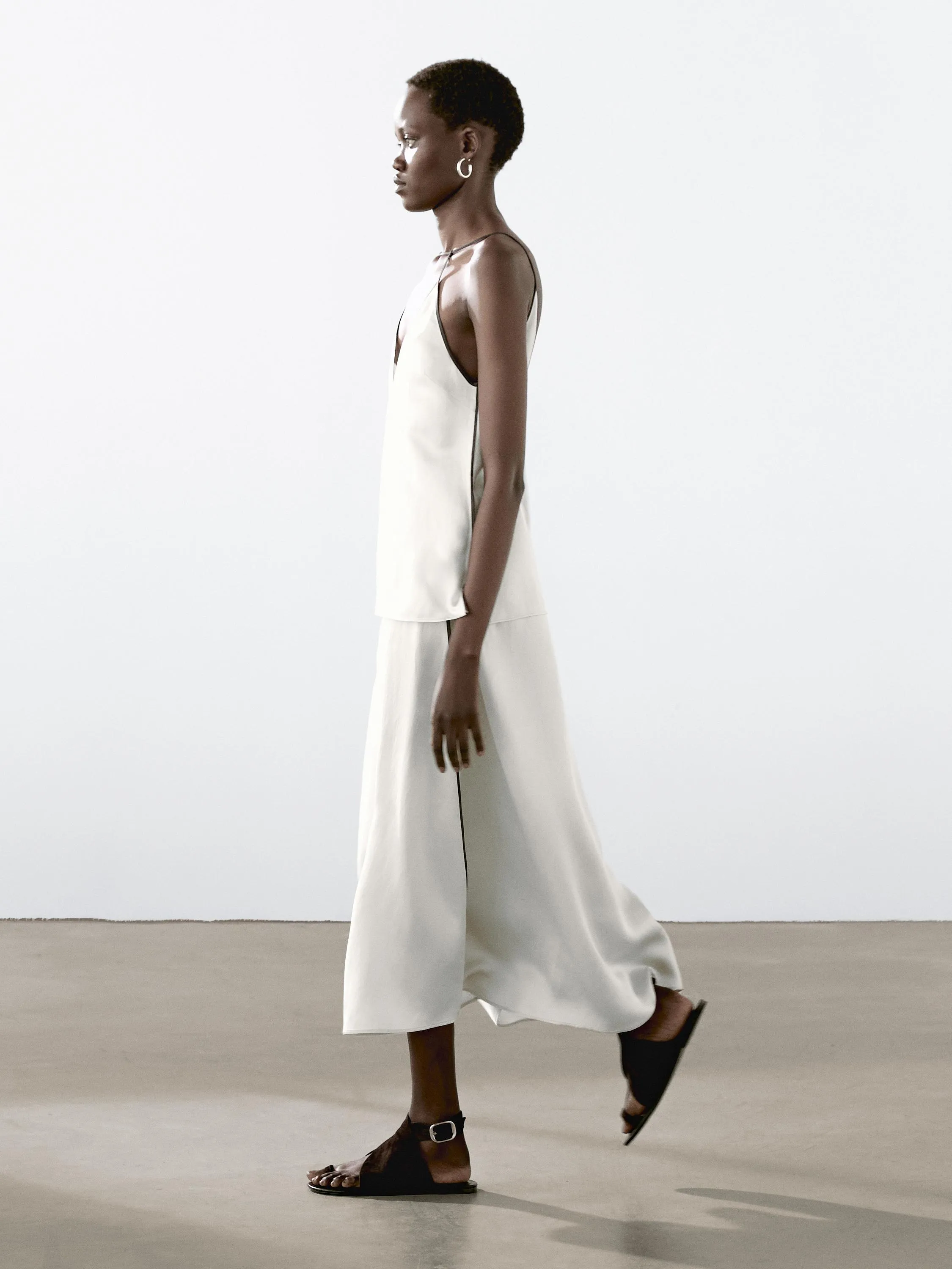 Satin midi skirt with trims