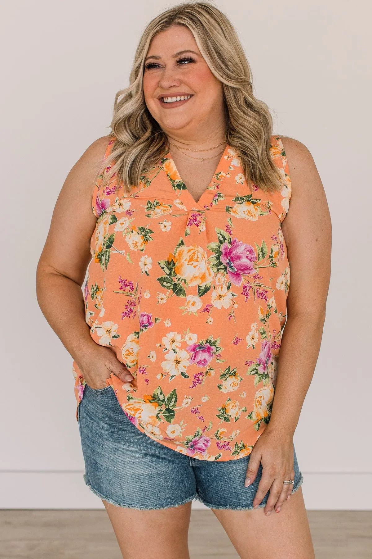 See Me Shine V-Neck Floral Tank Top- Orange