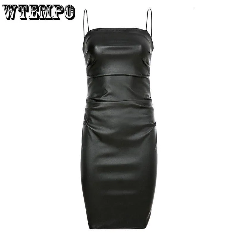 Sexy Leather Dresses for Women Solid Striped Ruched Slit Back PU Leather Bodycon Dresses Clothing