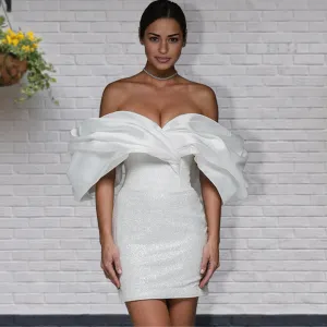 Sheath Glitter Short Off-the-Shoulder Wedding Dress With Lace-Up Back
