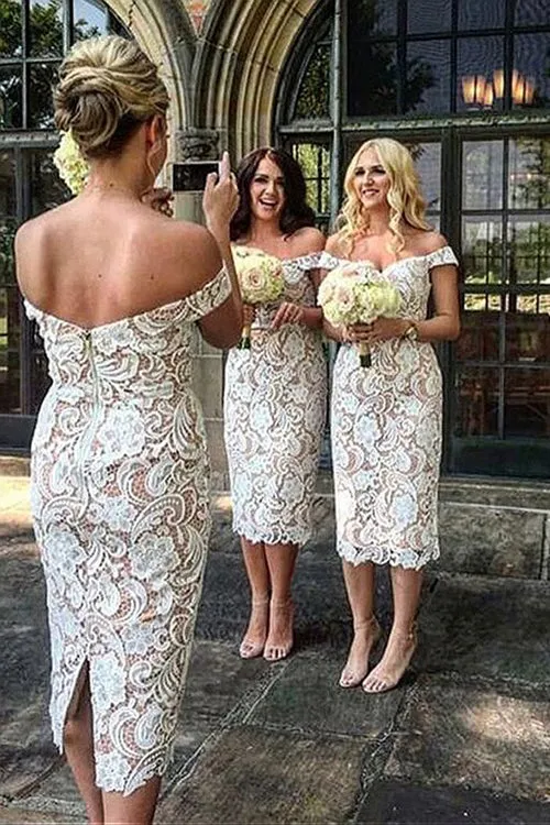 Sheath Off the Shoulder White Lace Long Bridesmaid Dresses,Elegant Bridesmaid Dresses,MBD136