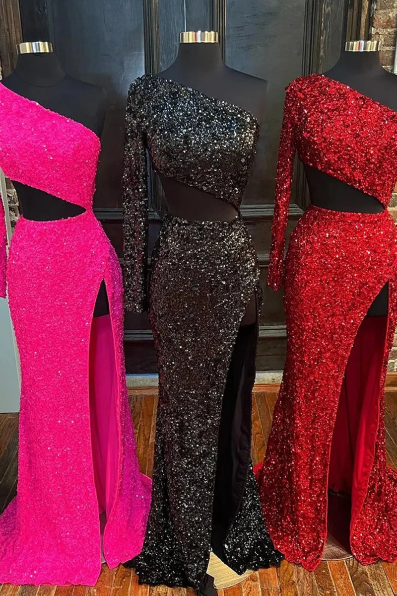 Sheath One Shoulder Sequins Long Prom Dresses with Silt