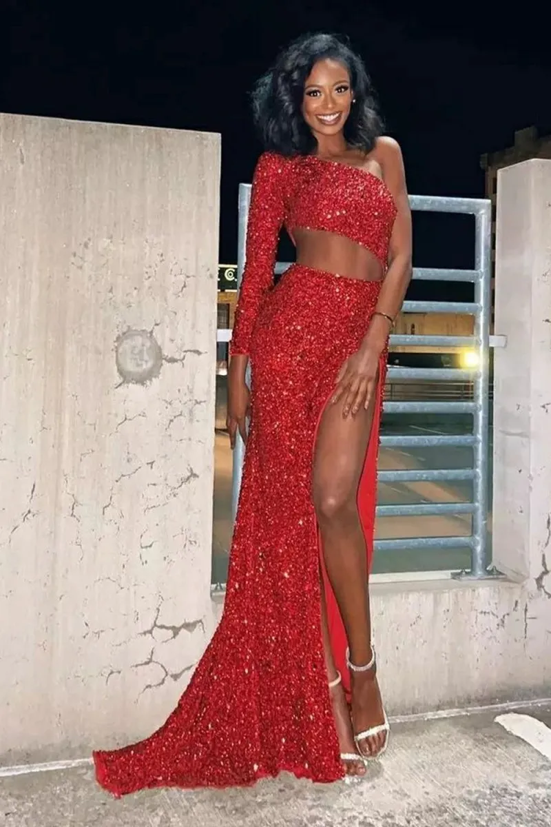 Sheath One Shoulder Sequins Long Prom Dresses with Silt