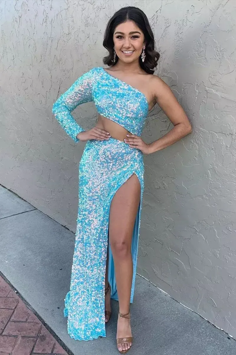 Sheath One Shoulder Sequins Long Prom Dresses with Silt