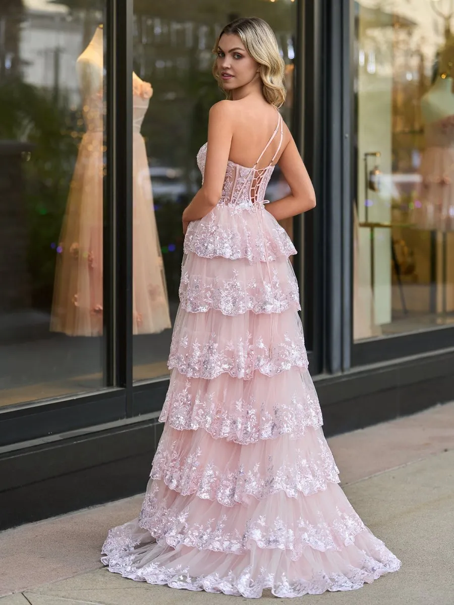 Sheath One Shoulder Tie Lace Long Prom Dresses