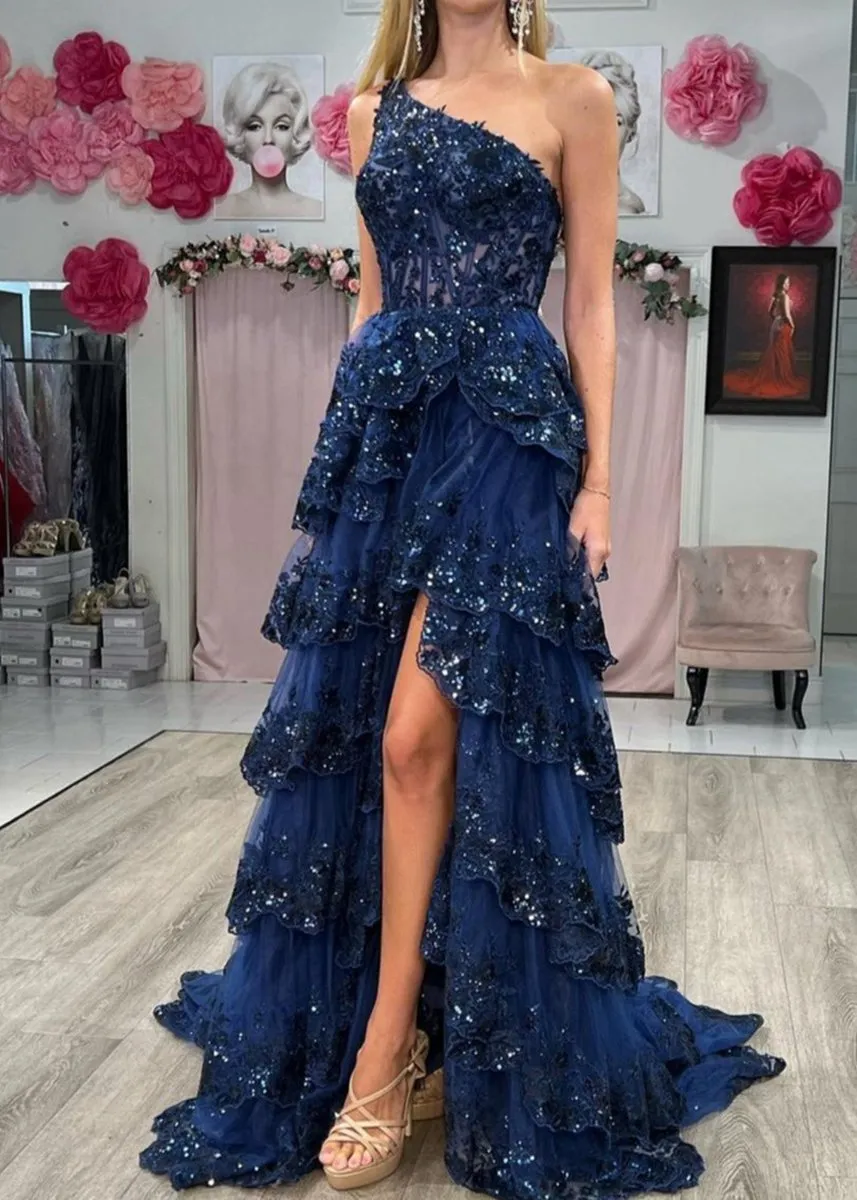 Sheath One Shoulder Tie Lace Long Prom Dresses