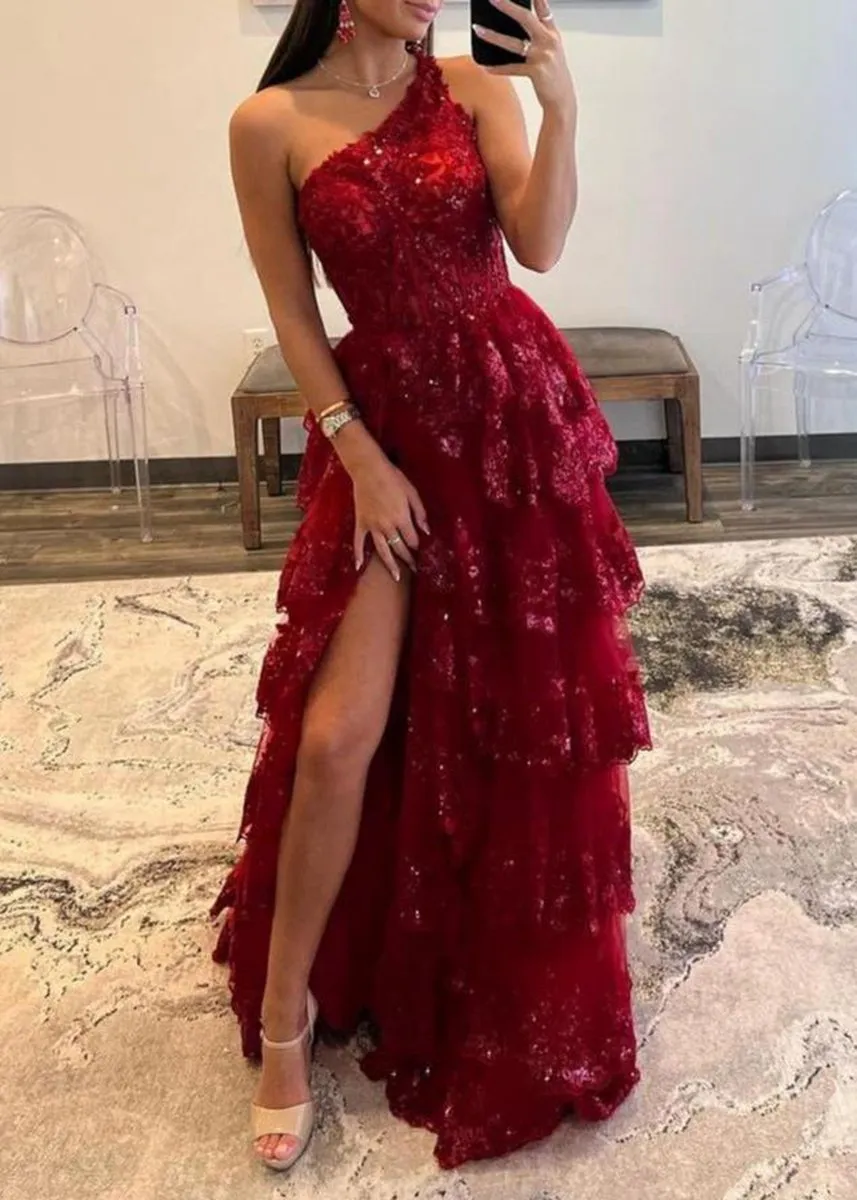 Sheath One Shoulder Tie Lace Long Prom Dresses