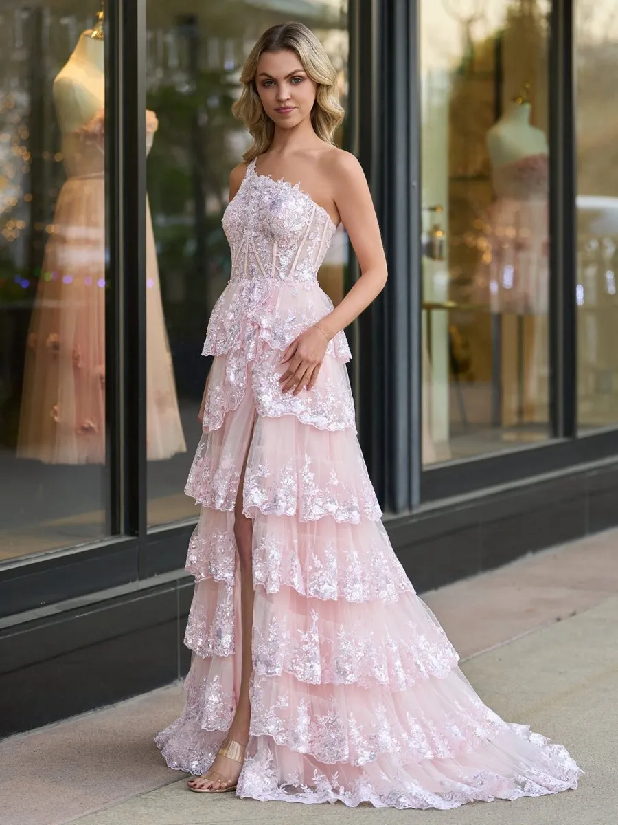 Sheath One Shoulder Tie Lace Long Prom Dresses