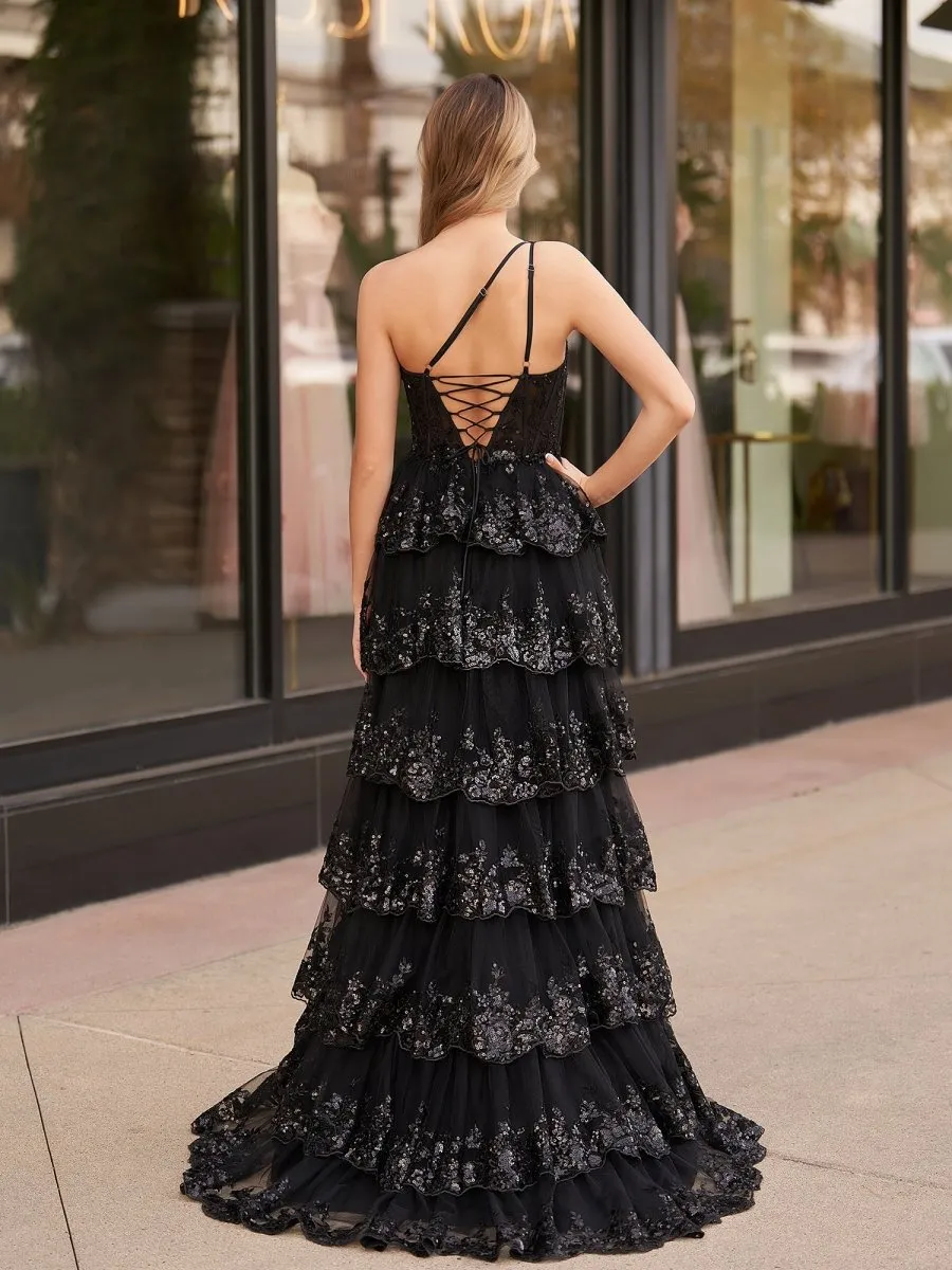 Sheath One Shoulder Tie Lace Long Prom Dresses
