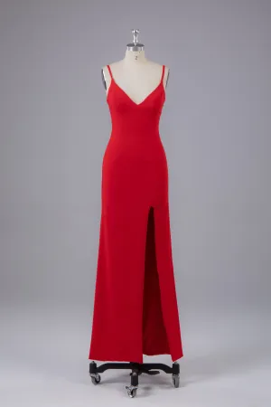 Sheath Red Spaghetti Straps V Neck Floor Length Prom Dress