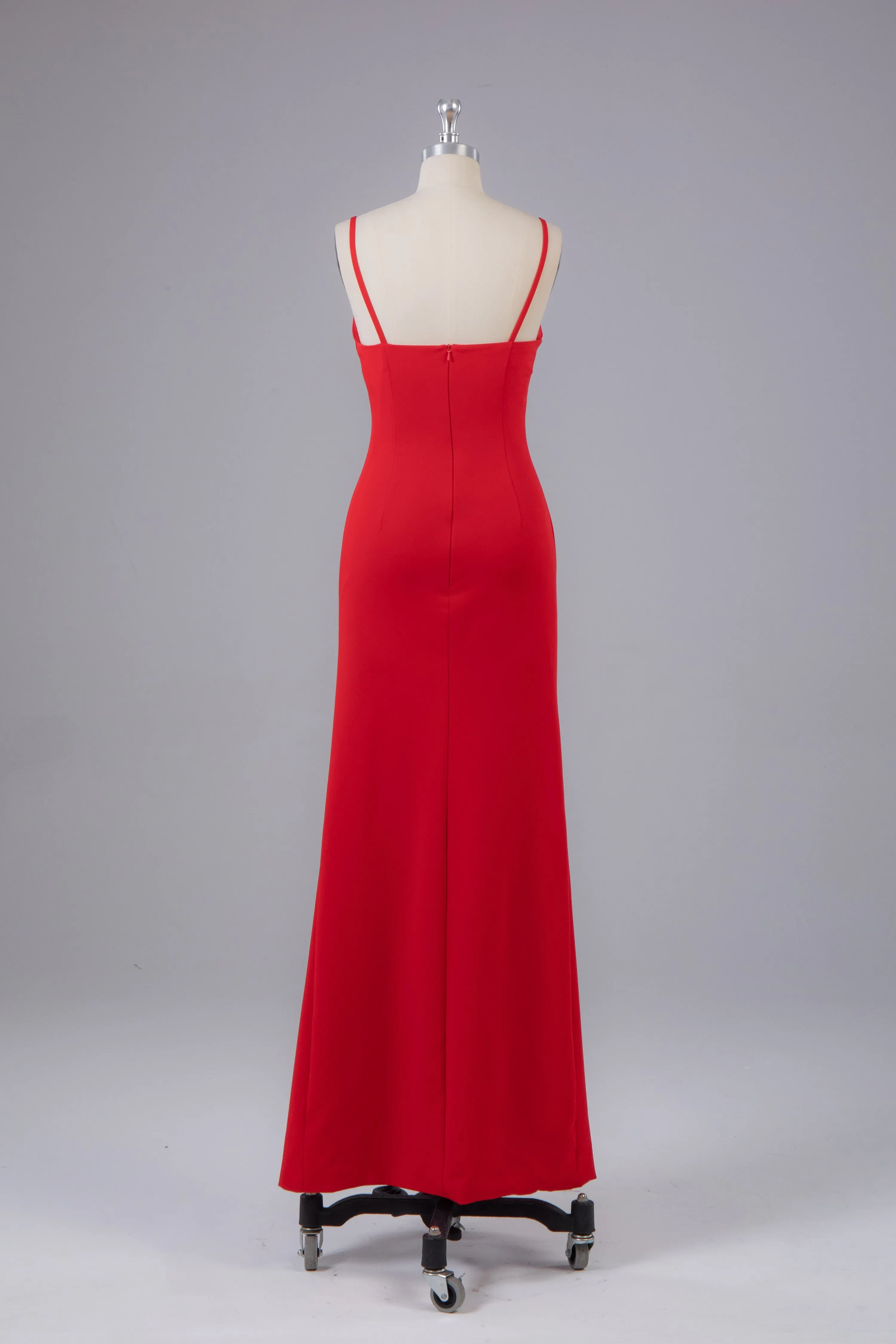 Sheath Red Spaghetti Straps V Neck Floor Length Prom Dress