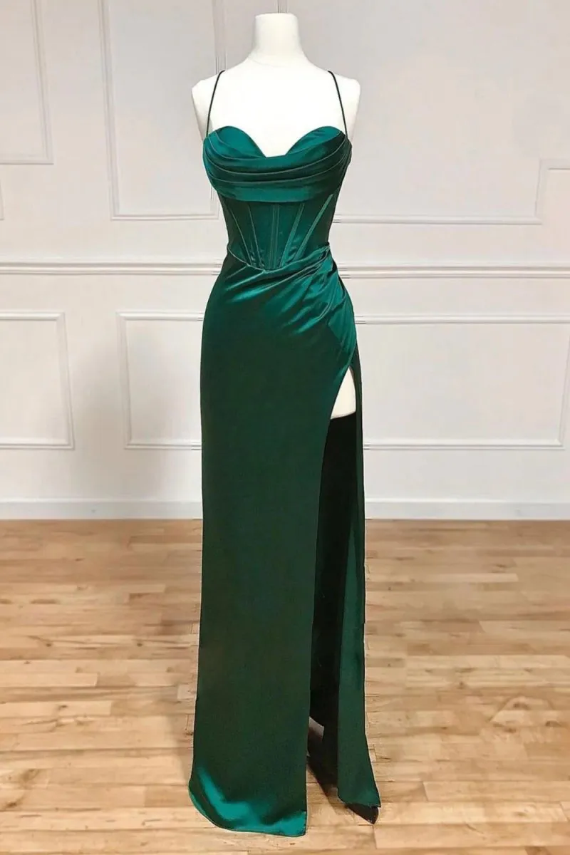 Sheath Spaghetti Straps Corset Satin Prom Dresses with Split