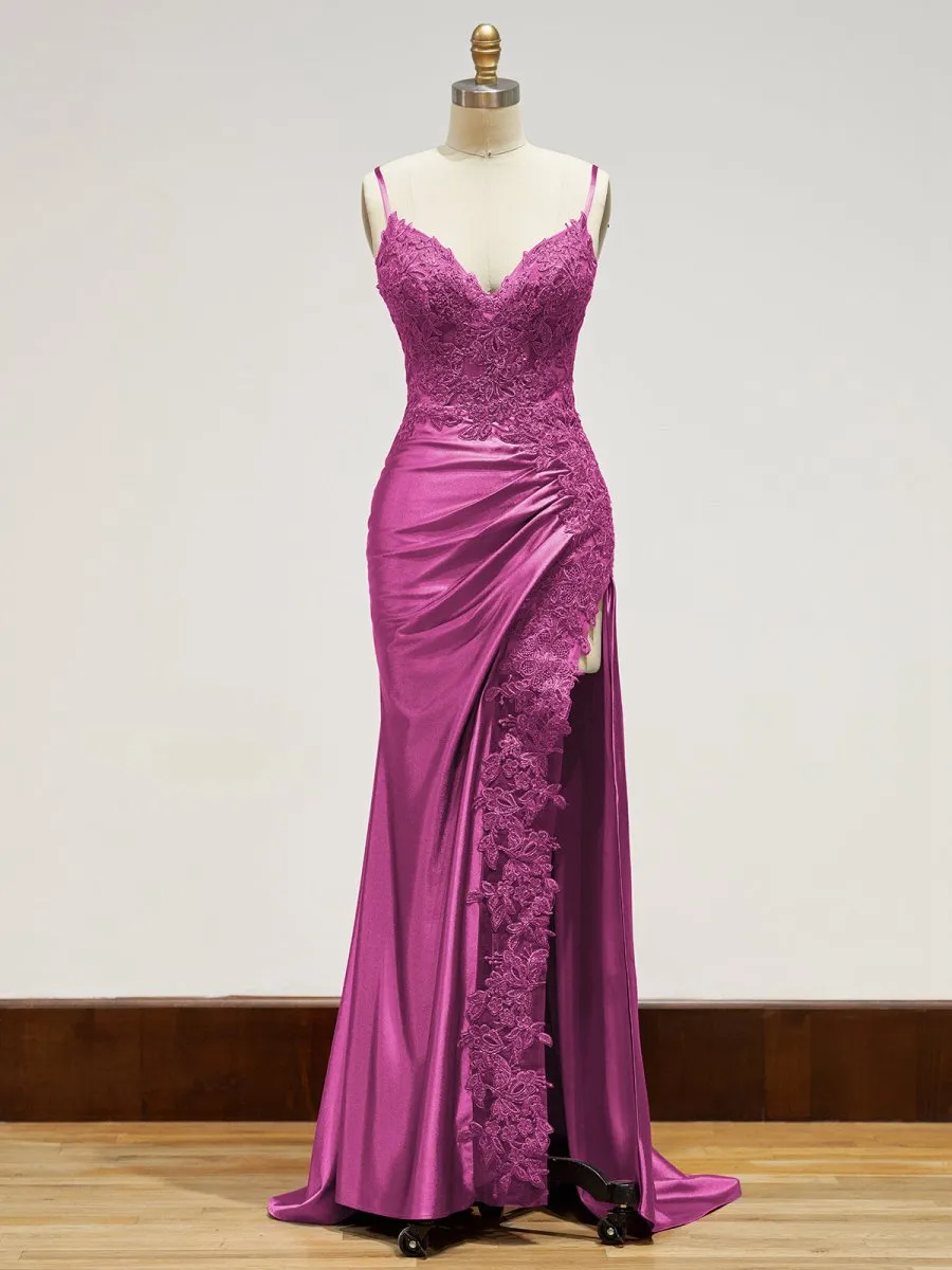 Sheath Spaghetti Straps Satin Long Prom Dresses with Lace Appliques