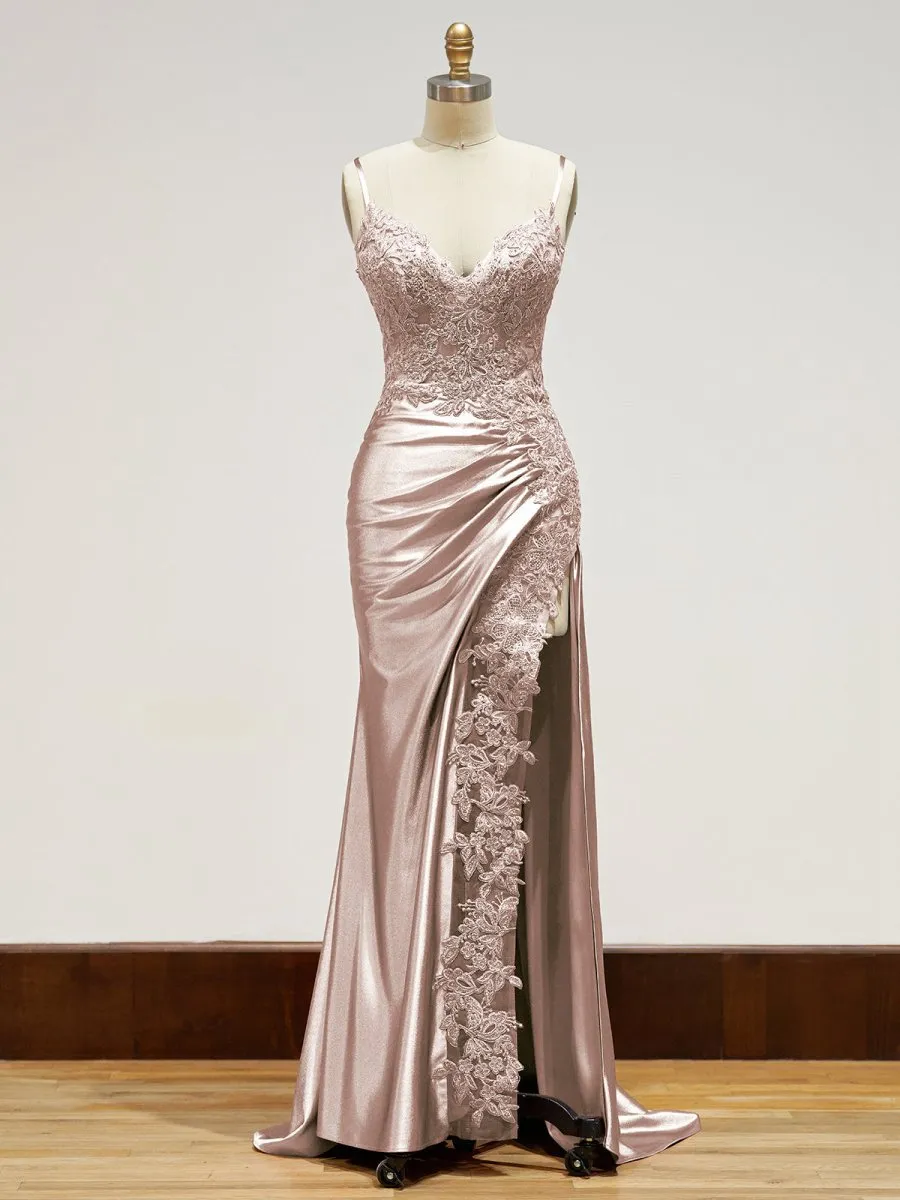 Sheath Spaghetti Straps Satin Long Prom Dresses with Lace Appliques