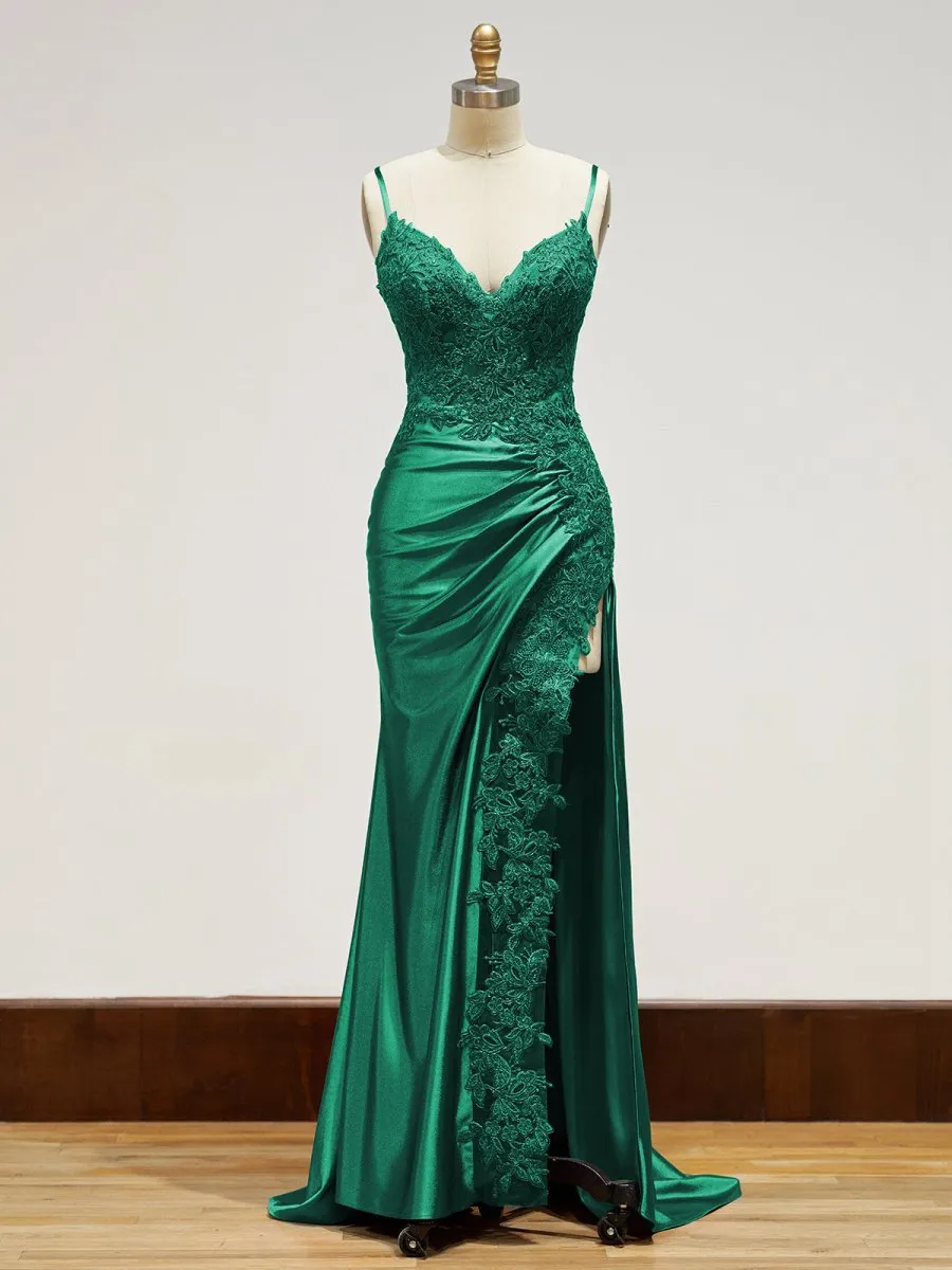 Sheath Spaghetti Straps Satin Long Prom Dresses with Lace Appliques
