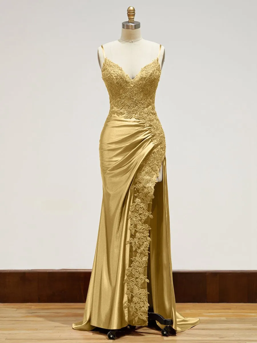 Sheath Spaghetti Straps Satin Long Prom Dresses with Lace Appliques