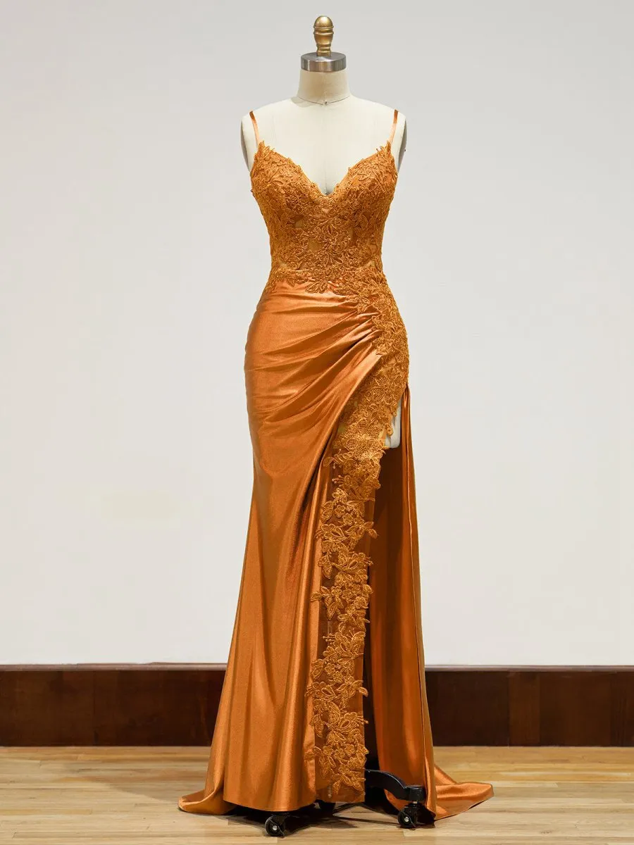 Sheath Spaghetti Straps Satin Long Prom Dresses with Lace Appliques
