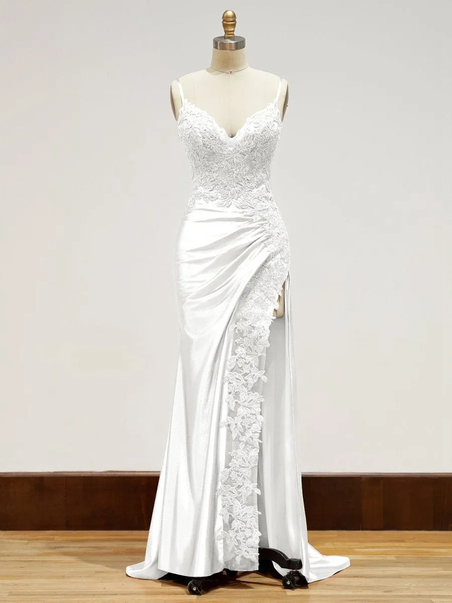 Sheath Spaghetti Straps Satin Long Prom Dresses with Lace Appliques