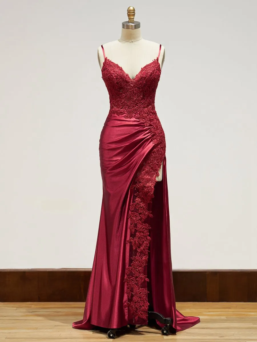 Sheath Spaghetti Straps Satin Long Prom Dresses with Lace Appliques