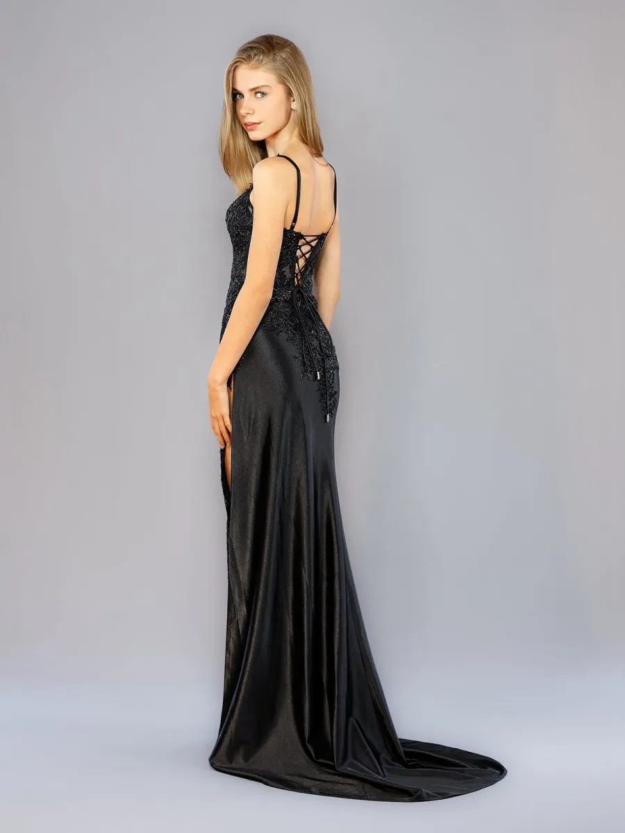 Sheath Spaghetti Straps Satin Long Prom Dresses with Lace Appliques