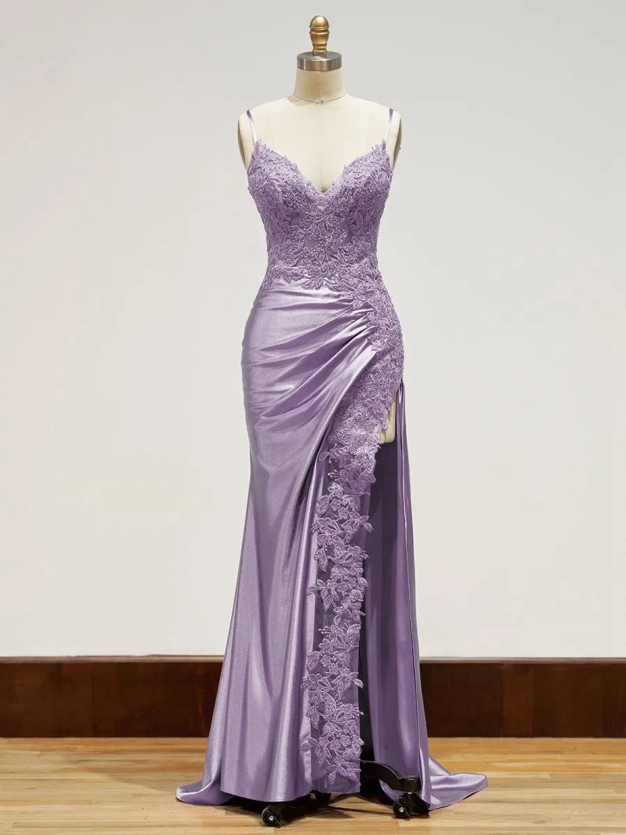 Sheath Spaghetti Straps Satin Long Prom Dresses with Lace Appliques