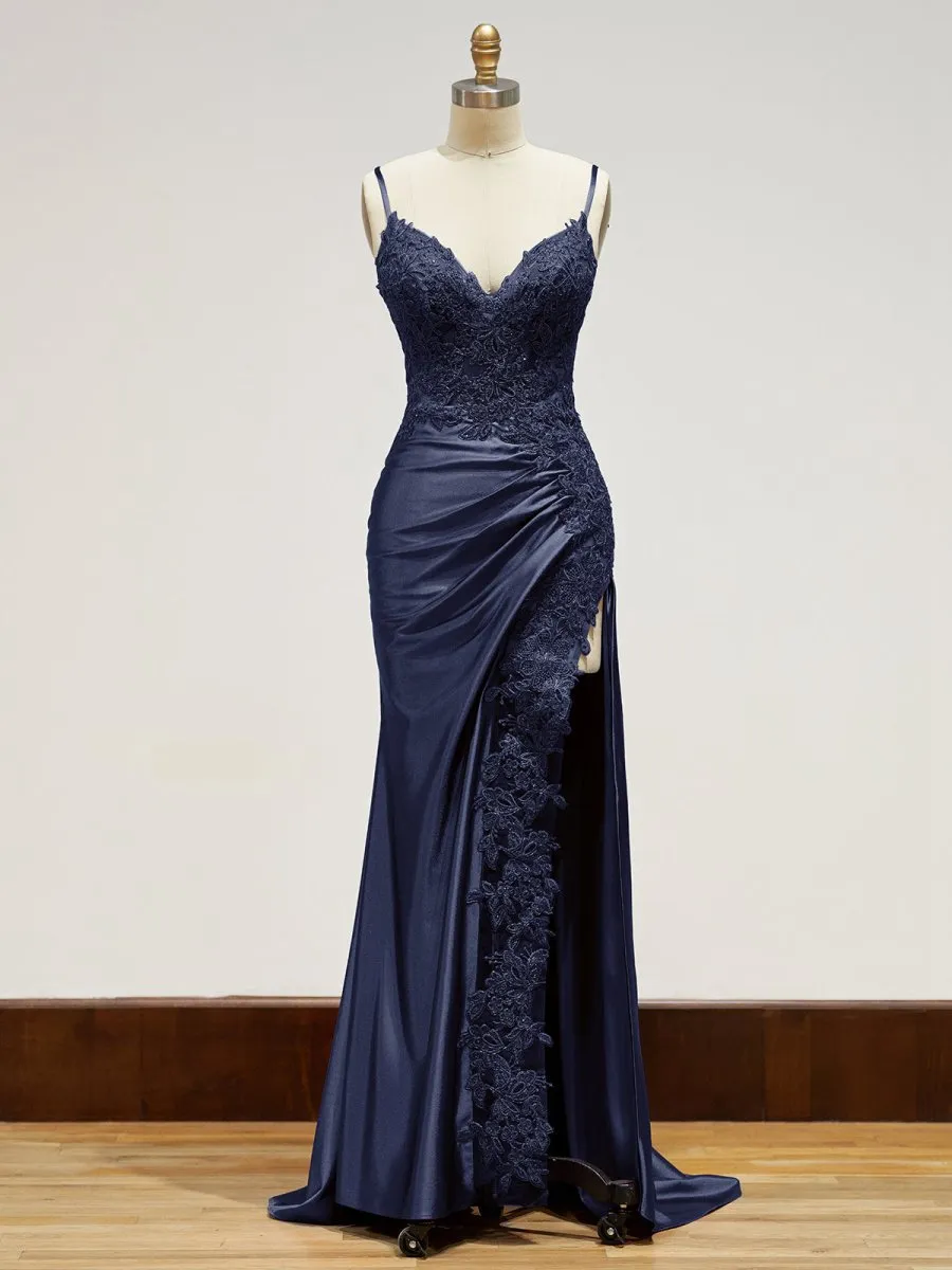 Sheath Spaghetti Straps Satin Long Prom Dresses with Lace Appliques