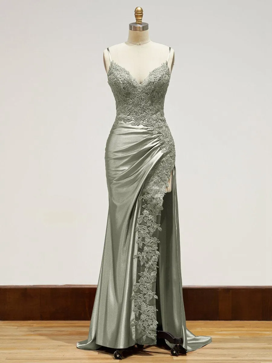 Sheath Spaghetti Straps Satin Long Prom Dresses with Lace Appliques