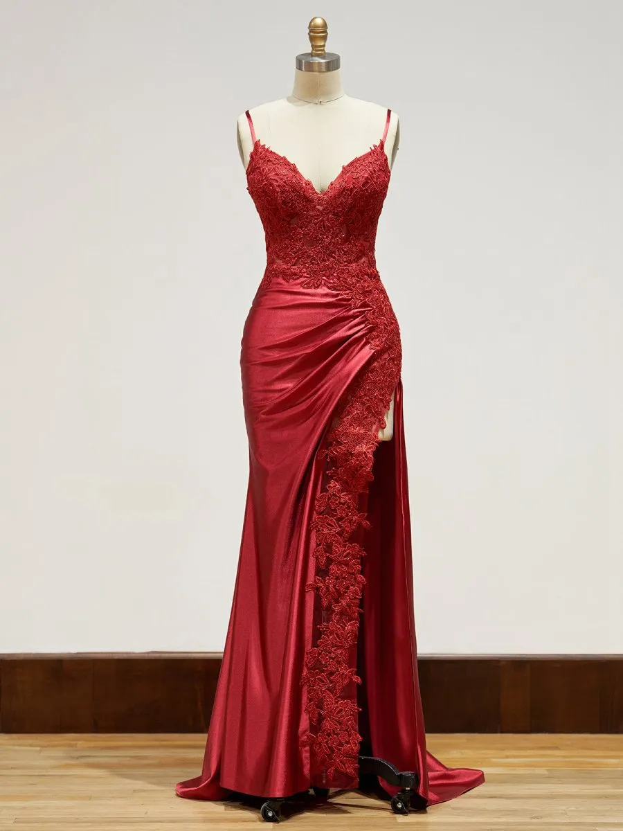 Sheath Spaghetti Straps Satin Long Prom Dresses with Lace Appliques