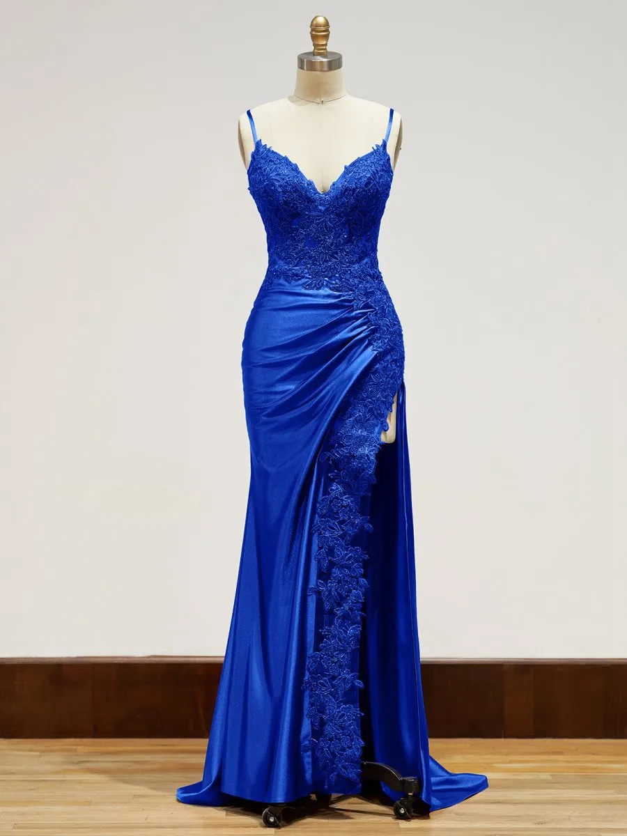 Sheath Spaghetti Straps Satin Long Prom Dresses with Lace Appliques
