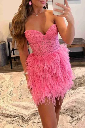 Sheath Sweetheart Lace Feather Skirt Homecoming Dresses
