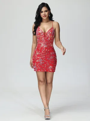 Sheath V Neck Lace Up Mini Lace Homecoming Dress