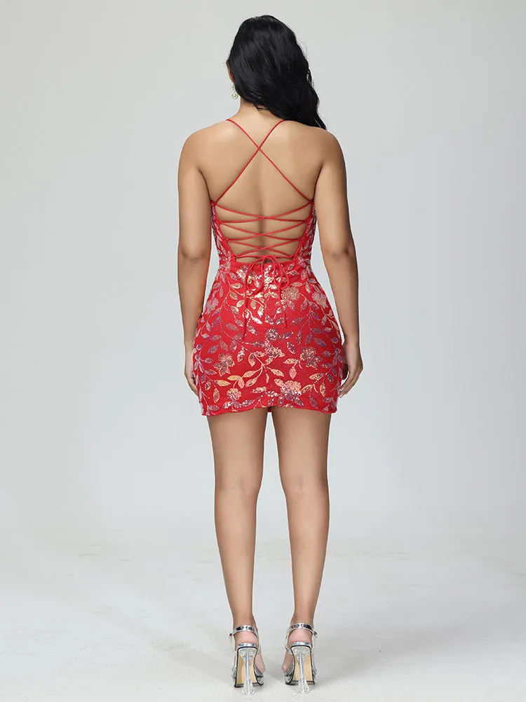 Sheath V Neck Lace Up Mini Lace Homecoming Dress