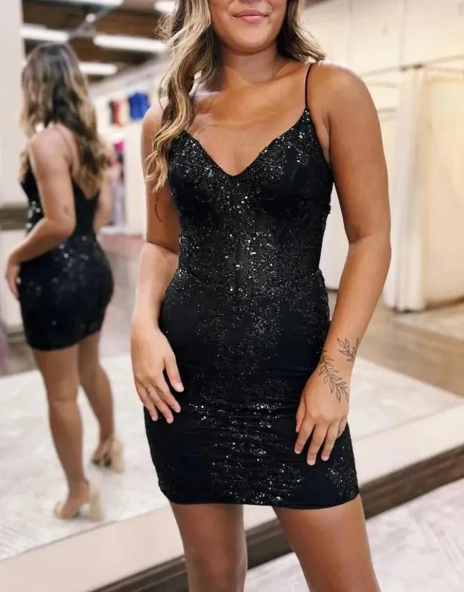 Sheath V-neck Spaghetti Straps Bodice Mini Short Homecoming Dresses