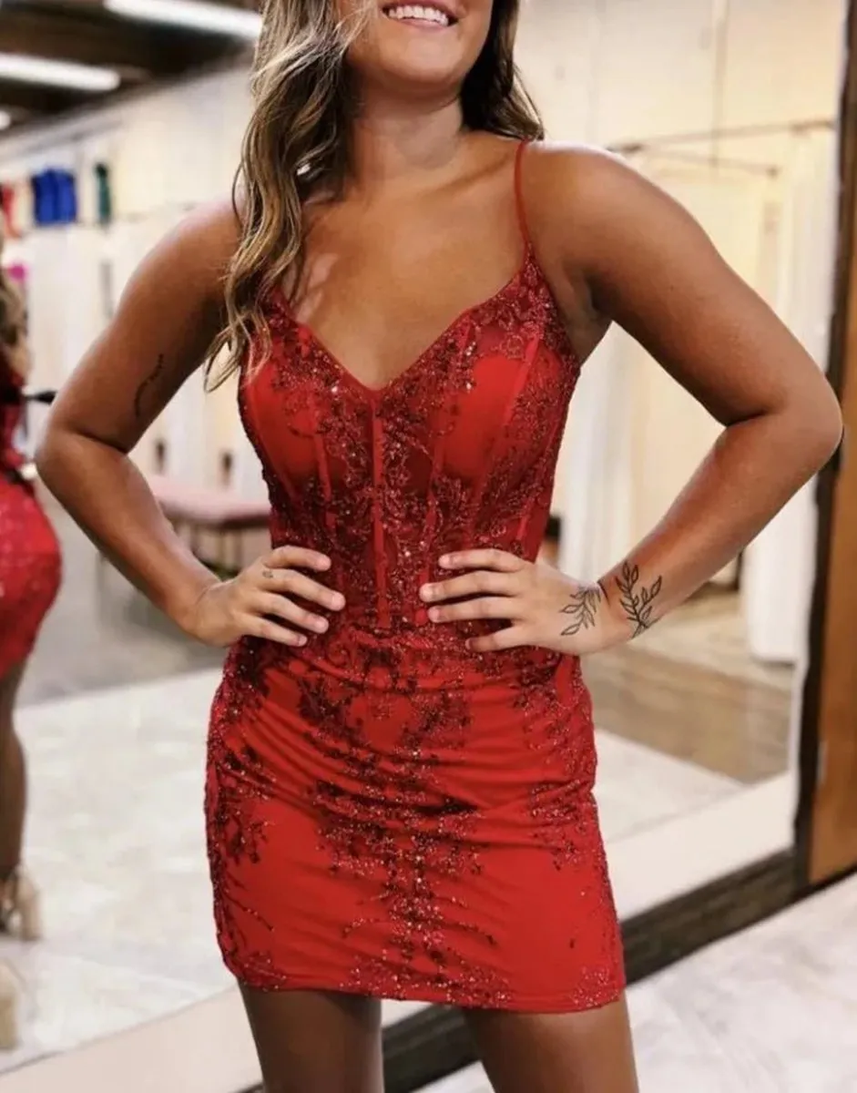 Sheath V-neck Spaghetti Straps Bodice Mini Short Homecoming Dresses
