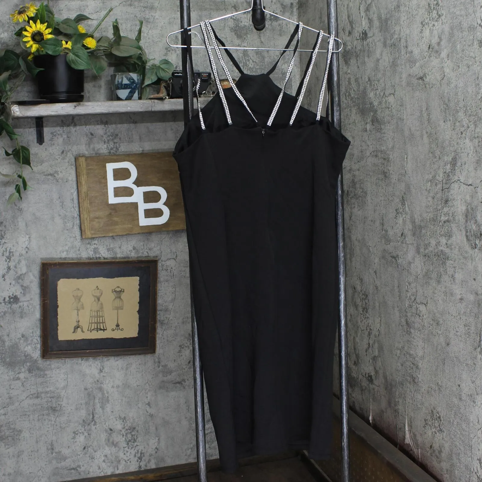 Shelby Nites Womens Plus Size Rhinestone Strappy Midi Sheath Dress Black 14W