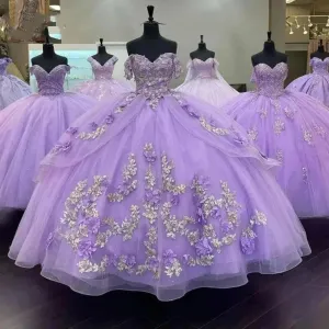 Shiny Lilac Quinceanera Dresses 3D Flowers Beading Sliver Lace Vestidos De 15 Anos Birthday Party Prom Ball Gown