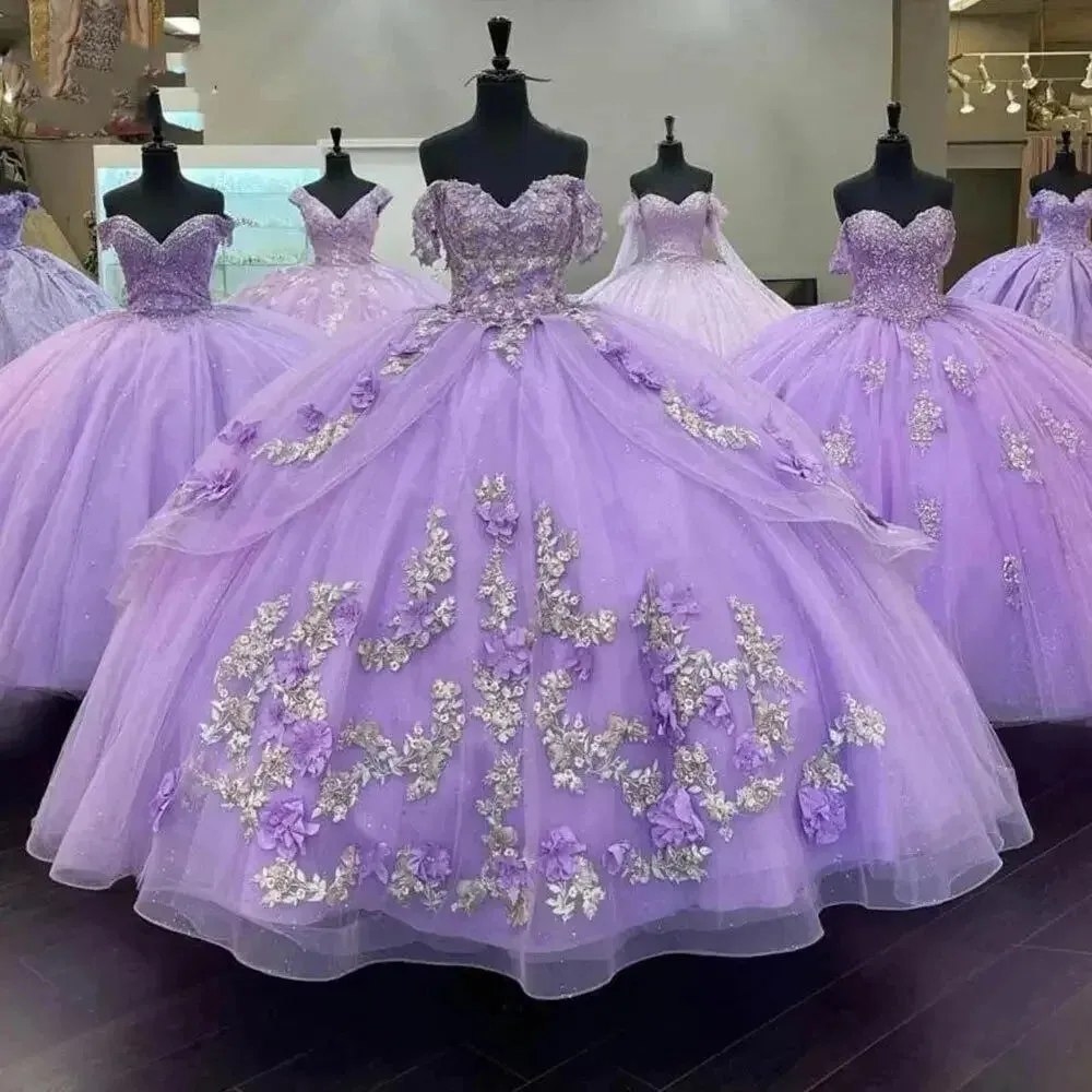 Shiny Lilac Quinceanera Dresses 3D Flowers Beading Sliver Lace Vestidos De 15 Anos Birthday Party Prom Ball Gown