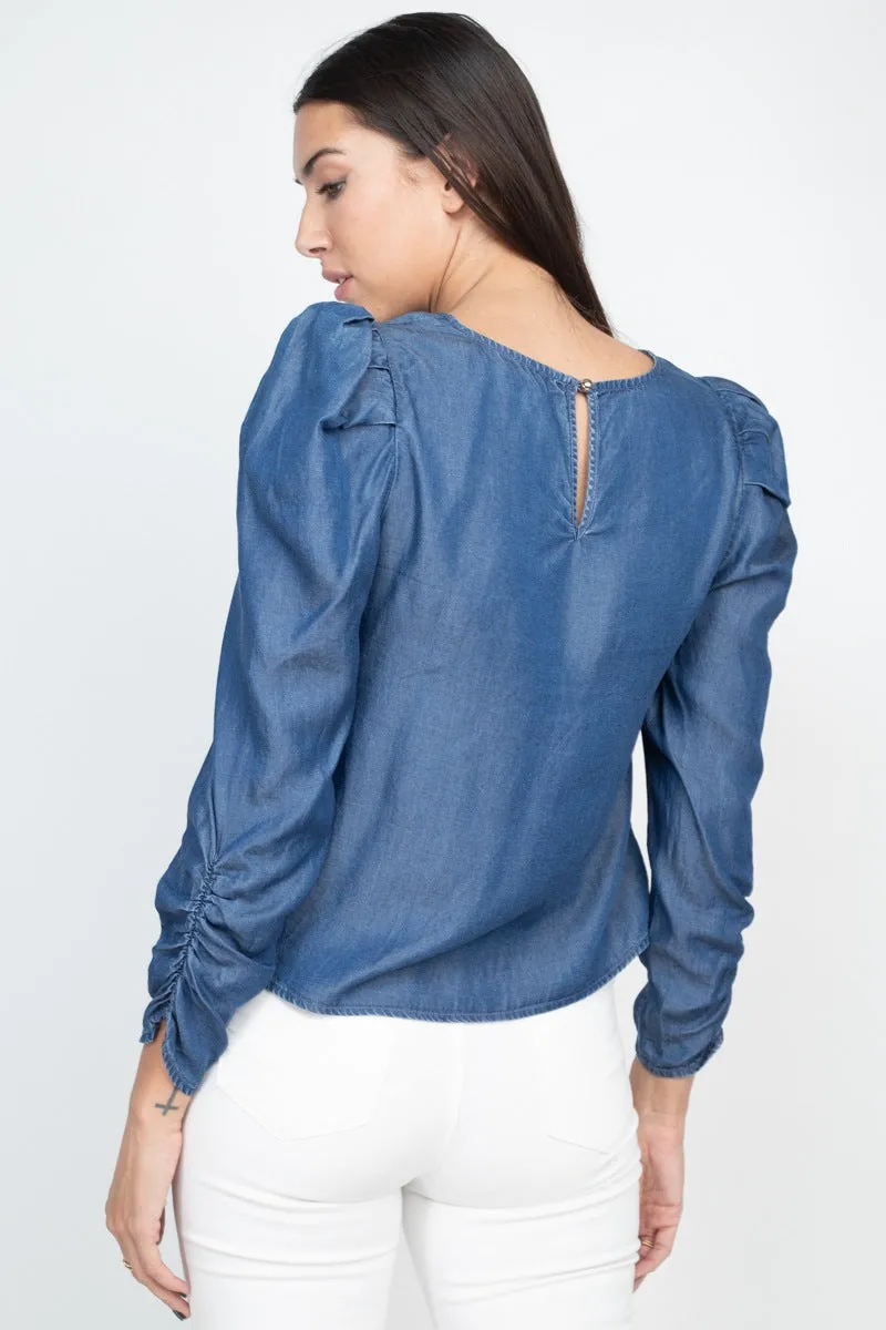 Shirring Puff Sleeves Denim Top
