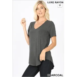SHORT SLEEVE V-NECK HI-LOW HEM TOP