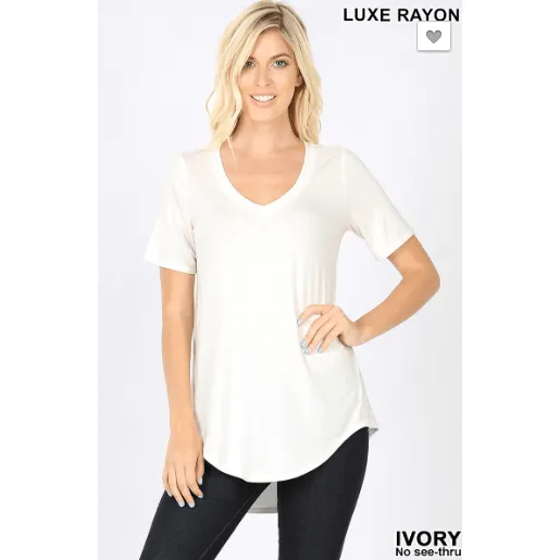 SHORT SLEEVE V-NECK HI-LOW HEM TOP