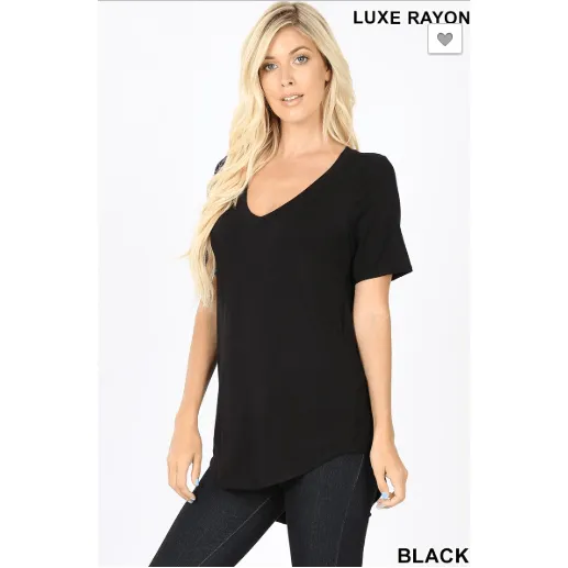SHORT SLEEVE V-NECK HI-LOW HEM TOP