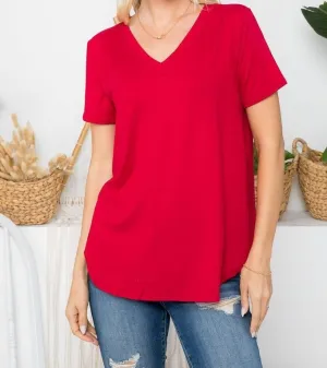 Short Sleeve V Neck Shirt - Red