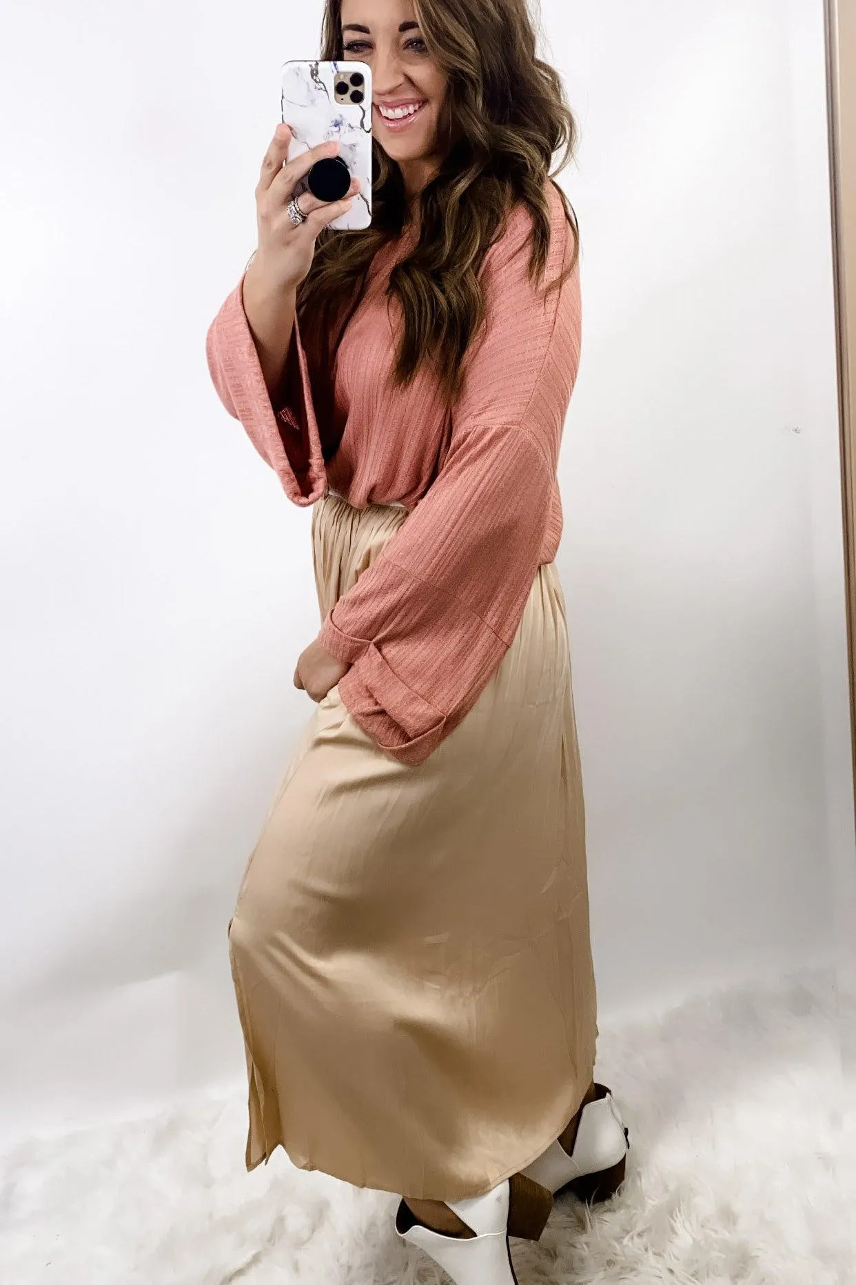 Side Hustle- Beige Maxi Skirt w/ Side Slits & Pockets