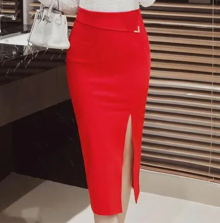 Skirts Women Autumn Winter High Waist Midi Lenght Tight Skirt Red Black Slit Bodycon Pencil Skirts Elegant Womens Office
