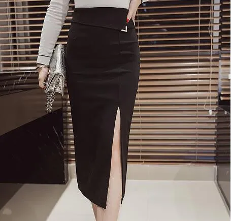 Skirts Women Autumn Winter High Waist Midi Lenght Tight Skirt Red Black Slit Bodycon Pencil Skirts Elegant Womens Office