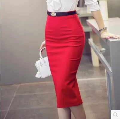 Skirts Women Autumn Winter High Waist Midi Lenght Tight Skirt Red Black Slit Bodycon Pencil Skirts Elegant Womens Office