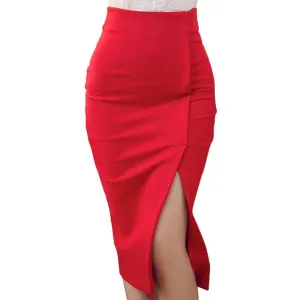Skirts Women Autumn Winter High Waist Midi Lenght Tight Skirt Red Black Slit Bodycon Pencil Skirts Elegant Womens Office