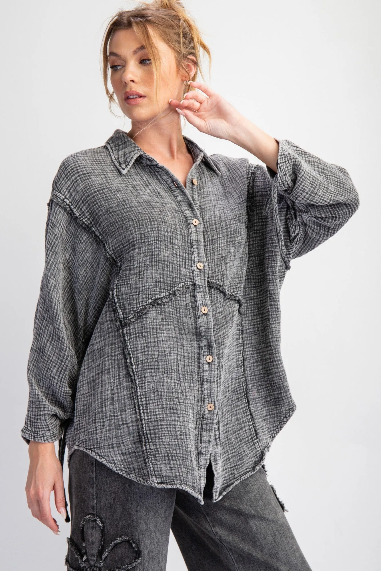Smoke Mineral Wash Button Down Cotton Gauze L/S