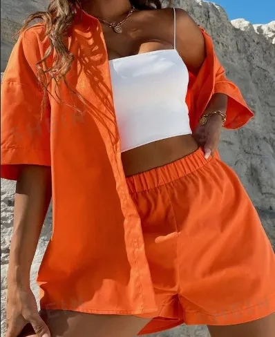 Solid Button Through Drop Shoulder Shirt & Shorts