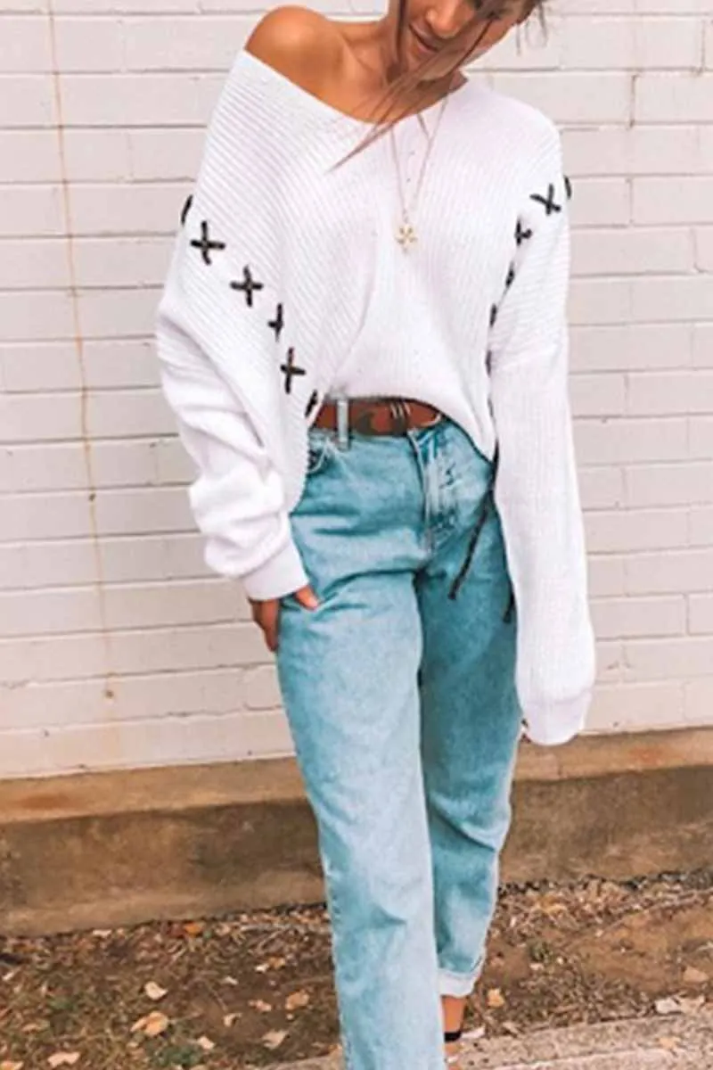 Solid Color V-Neck Loose Knit Sweater